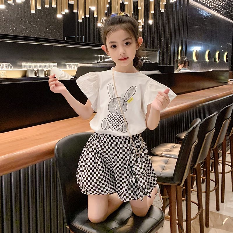 女童套裝夏季洋氣韓版2023新款兒童夏裝網紅薄款時髦花苞褲兩件套