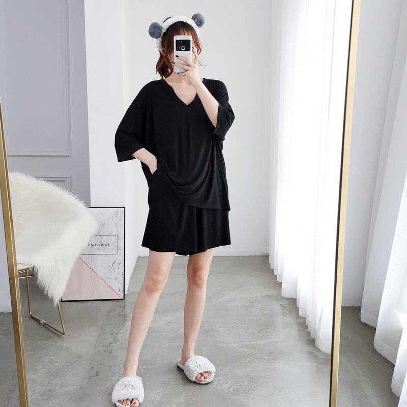 Summer fat mm2-300 catties V-neck pajamas women's large size short-sleeved shorts two-piece set loose casual solid-color home service