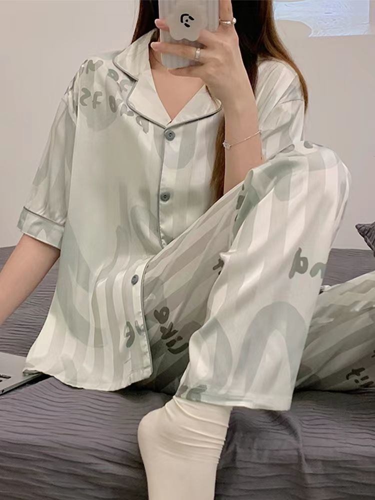 Short-sleeved trousers  new pajamas women's summer ice silk cool high-value ins wind can go out summer suit