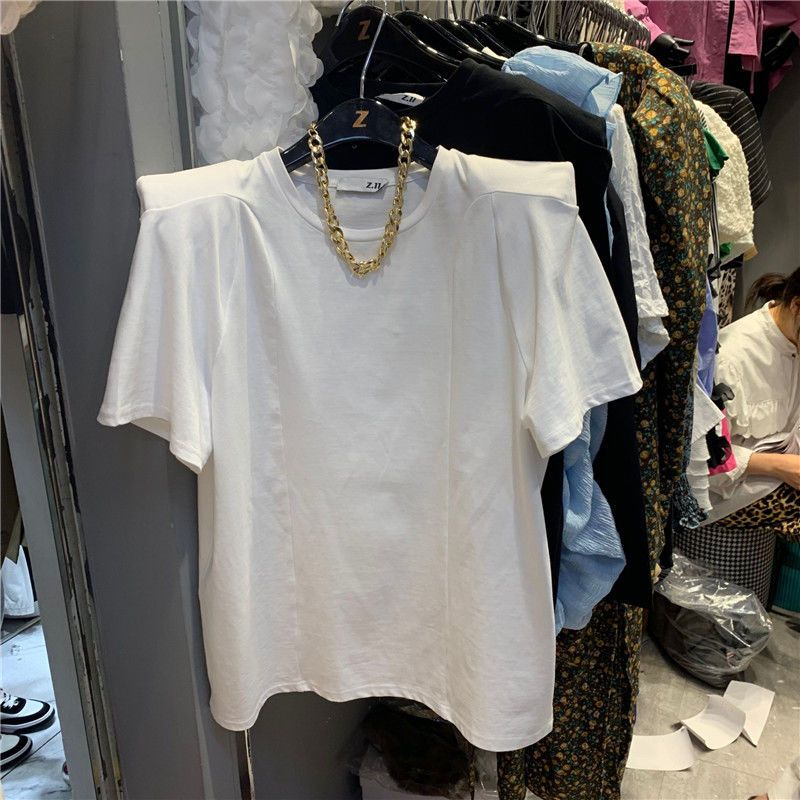 2022 spring new product Korean version clean version simple all-match street round neck short-sleeved right-angle shoulder pad shoulder T-shirt top women's fashion