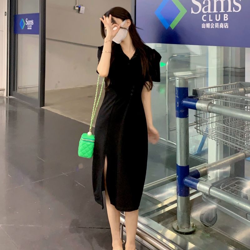 Salt style POLO collar short-sleeved dress women's design sense slit waist waist look thin mid-length bag hip skirt ins trend