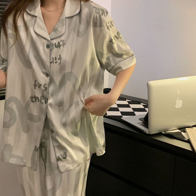 Pajamas women's summer ice silk short-sleeved trousers cool student ins dormitory can be worn outside  new suit summer