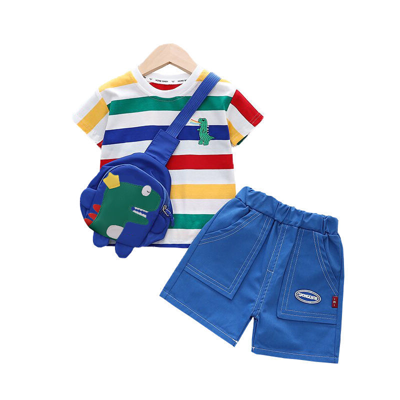 男童新款网红夏装套装儿童宝宝洋气条纹恐龙包包休闲短袖两件套潮