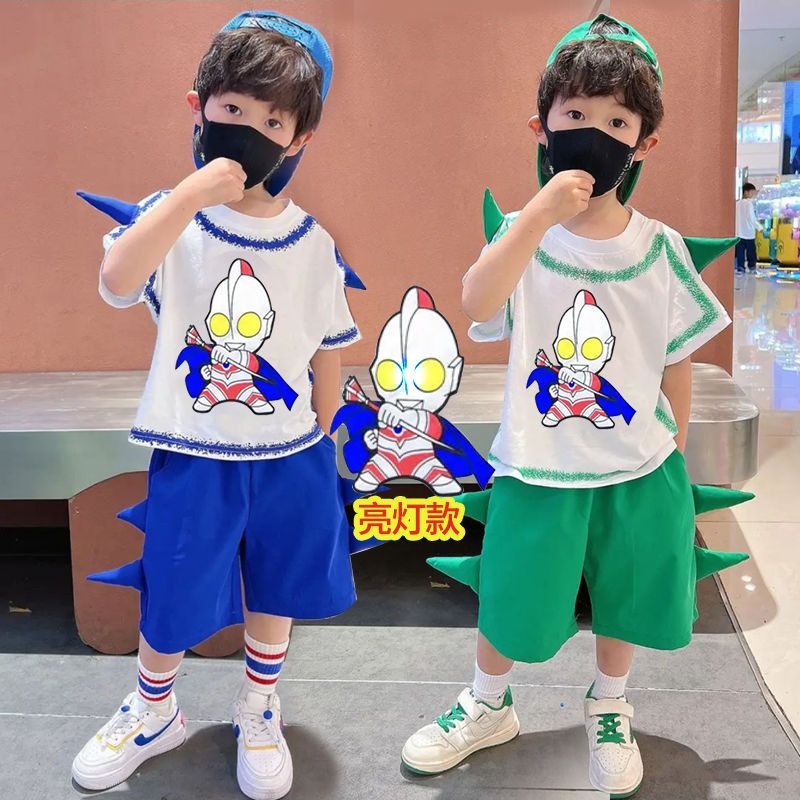 男童夏季套裝2022新款男孩披風夏款寶寶奧特曼衣服小兒童網紅夏裝