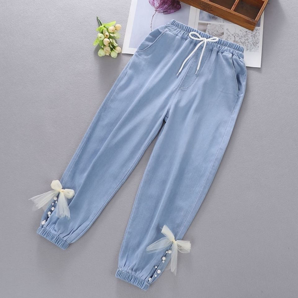 Children's pants summer 2022 new Tencel jeans middle-sized children's exotic embroidered thin Pants Girls' anti mosquito pants