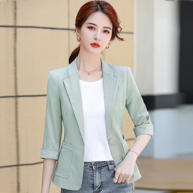 Apricot-colored short small suit jacket women's summer thin section  new small man with three-quarter sleeves casual suit summer style