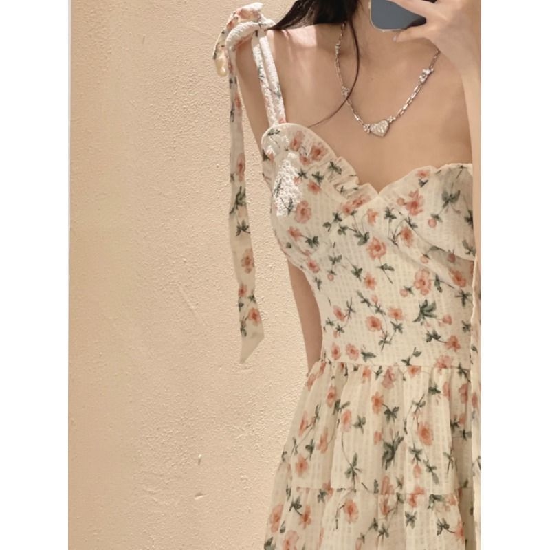 French wood ear floral suspender skirt women's spring 2023 new waist slimming gentle wind dress skirt