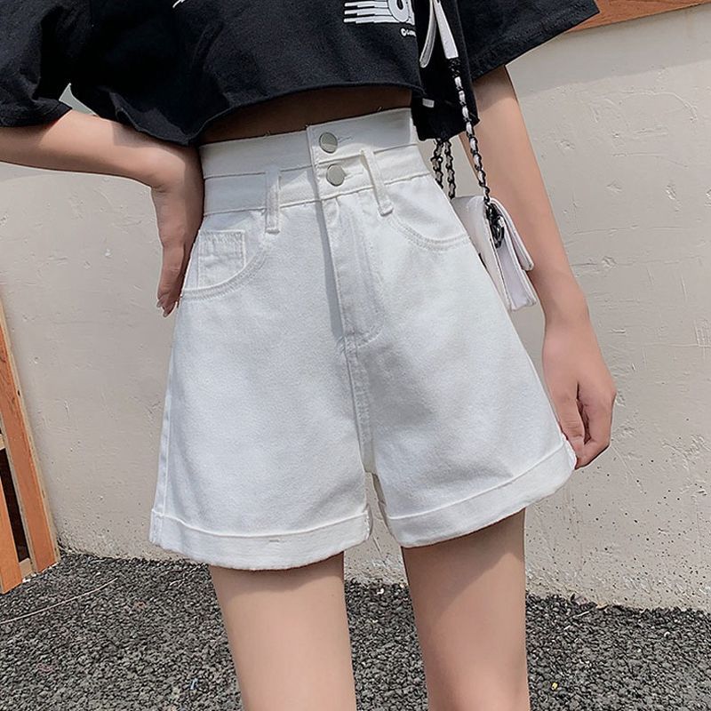 Denim shorts for women, super high-waisted, straight-leg, loose, summer, thin, a-line, slim, double-button curling, wide-leg hot pants, ins trend
