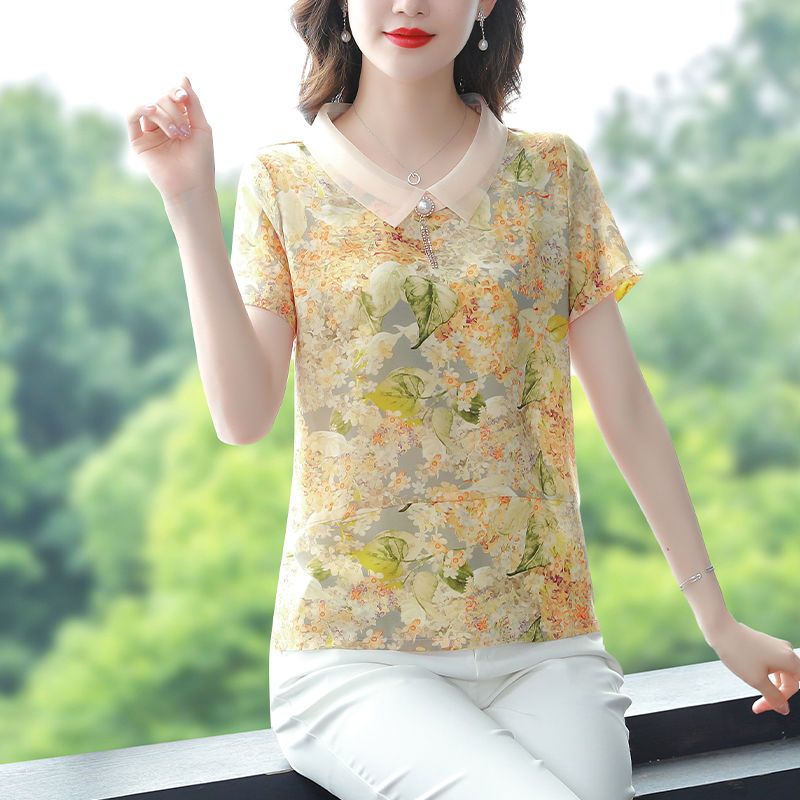 2023夏季新款短袖雪紡衫女士時尚百搭上衣印花媽媽裝遮肚子小衫