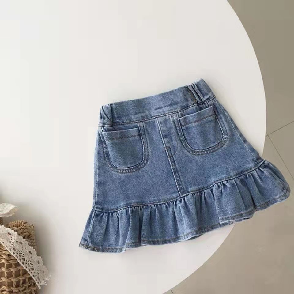 Girls' half length denim skirt  new summer baby short skirt Ruffle hem kids' Hip Wrap Skirt fish tail skirt trend