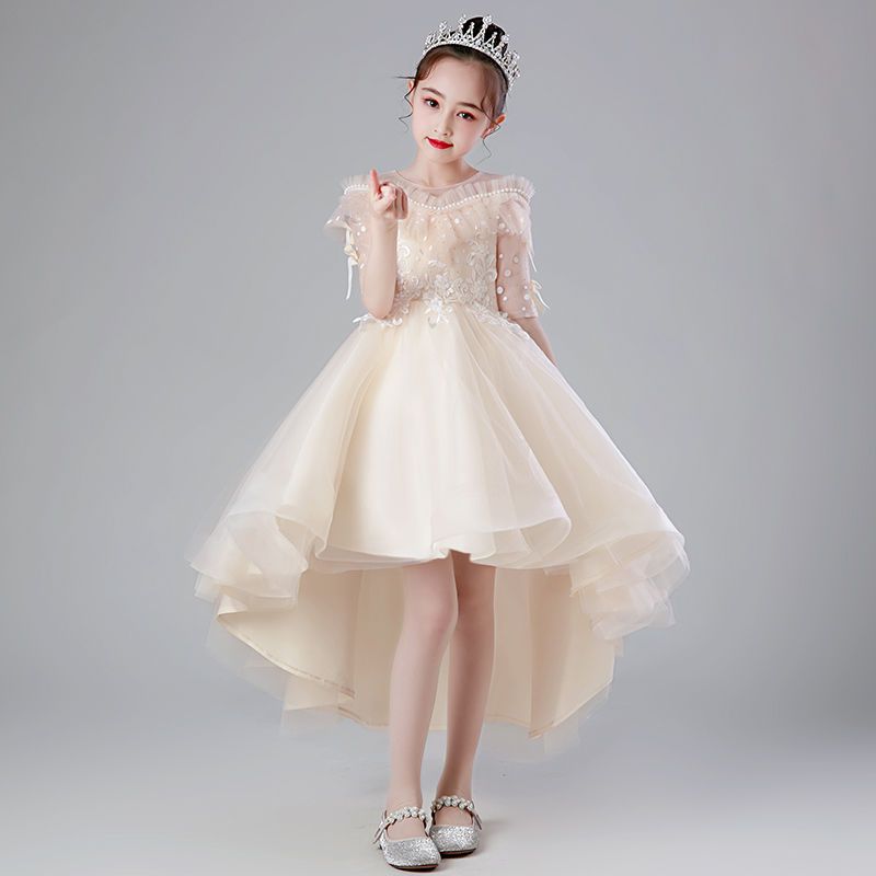 公主裙女童禮服花童婚禮小女孩主持人鋼琴前短後長裙子兒童表演裙