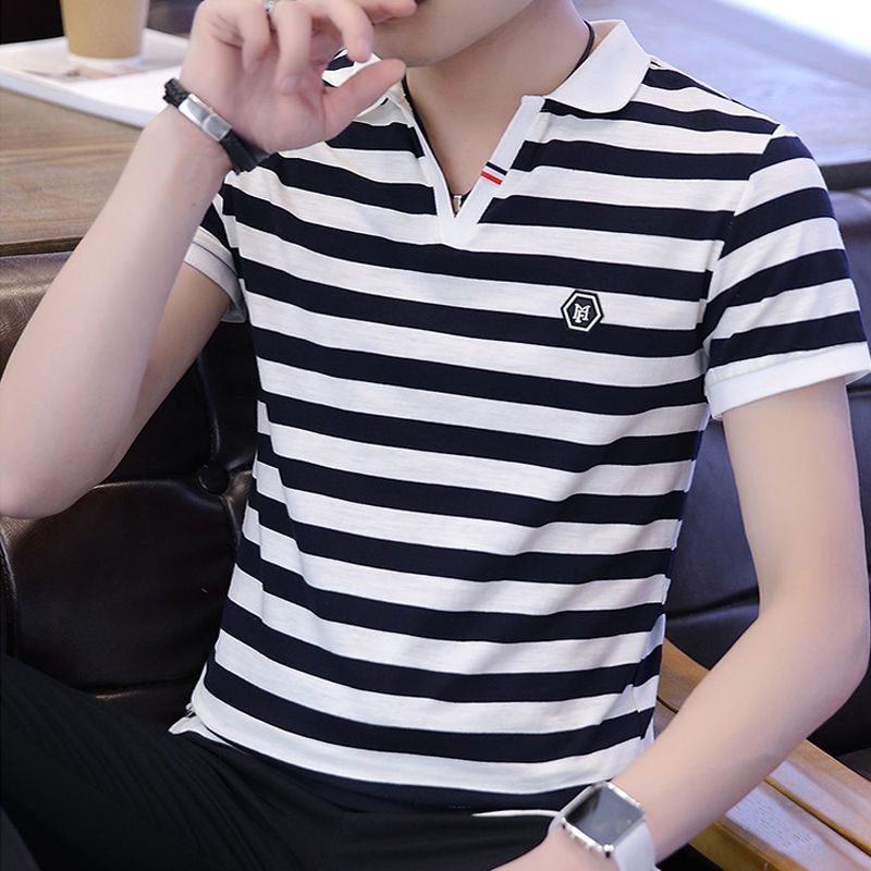 夏季時尚短袖T恤男裝翻領條紋POLO衫夏季韓版半袖潮流打底衣服