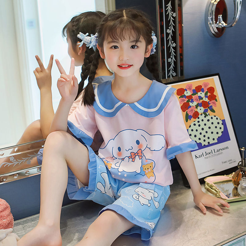 兒童睡衣女童夏季純棉玉桂狗短袖薄款套裝可愛公主風中大童家居服