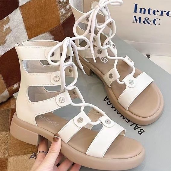 Net red STRAP ROMAN SANDALS lady  new fairy style flat bottomed hollow high top shoes children's summer thick soled sandals