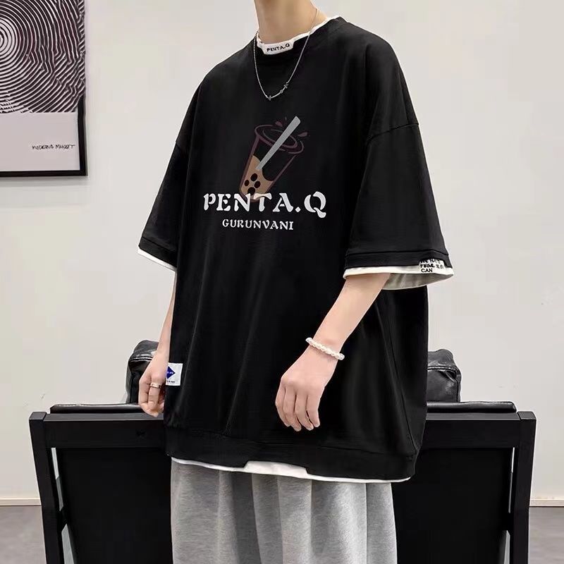 假兩件短袖T恤男情侶款潮牌寬鬆ins港風潮流印花chic港味休閒上衣