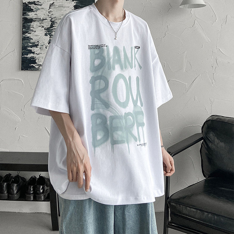 100%純棉夏季短袖t恤男女港風字母印花塗鴉寬鬆潮流ins體恤衫半袖