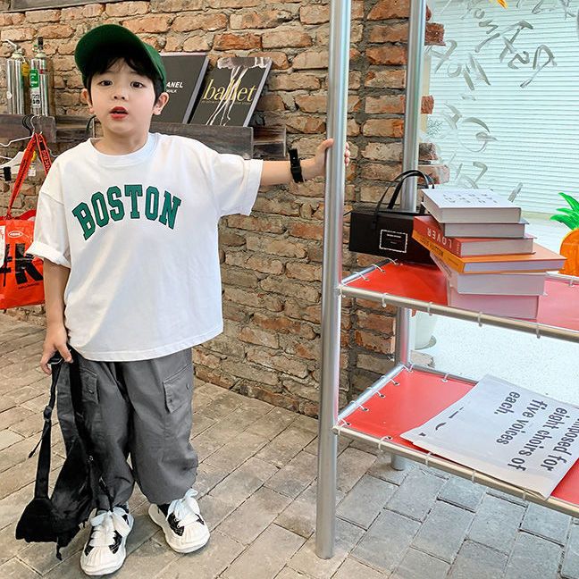 100% pure cotton boys' short-sleeved T-shirt new summer baby handsome fashion trendy clothes medium and large children's clothes