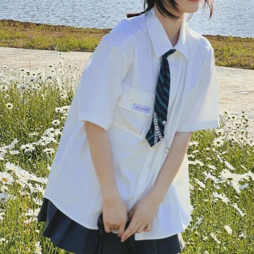 新款春秋季学院风日系jk领带衬衫学生情侣宽松休闲夏季短袖衬衫女
