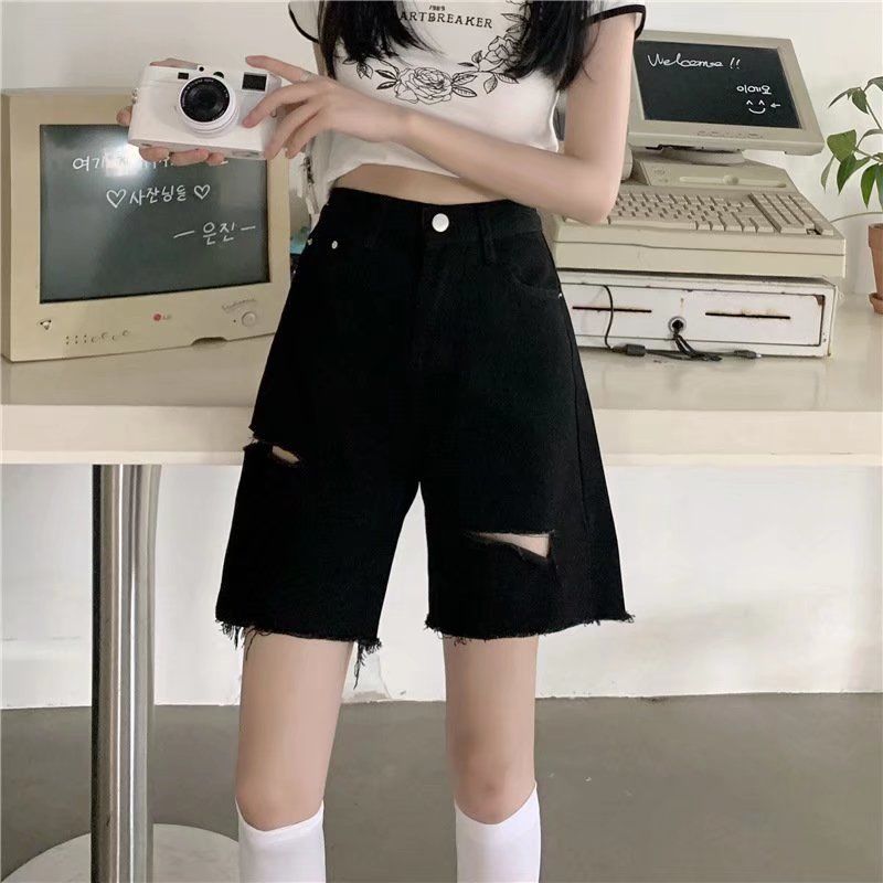 大碼胖mm寬鬆顯瘦牛仔短褲女夏季高腰直筒破洞褲辣妹黑色五分褲子