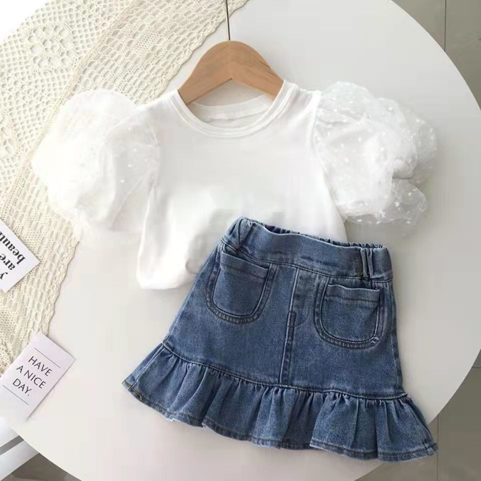 Girls' half length denim skirt  new summer baby short skirt Ruffle hem kids' Hip Wrap Skirt fish tail skirt trend
