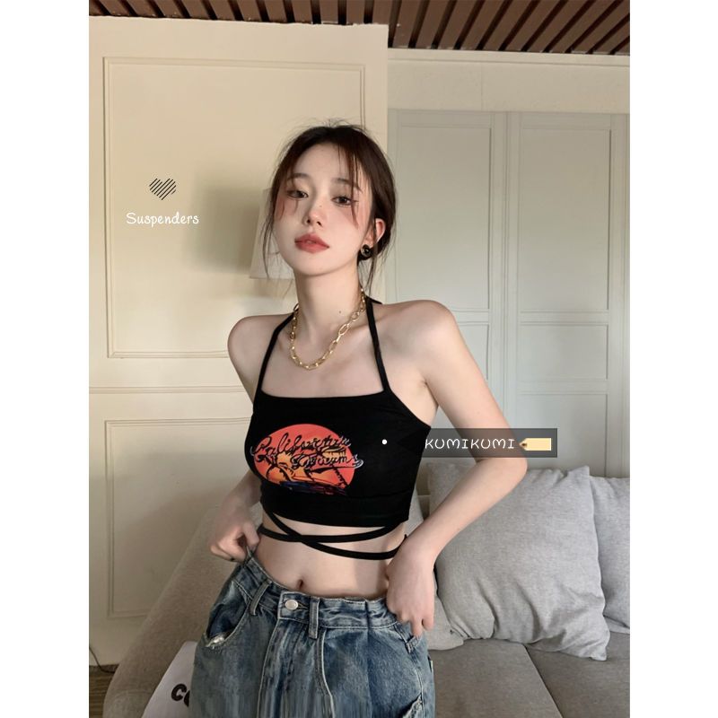 kumikumi black halter neck strap women's design strap printed vest summer outer short tube top
