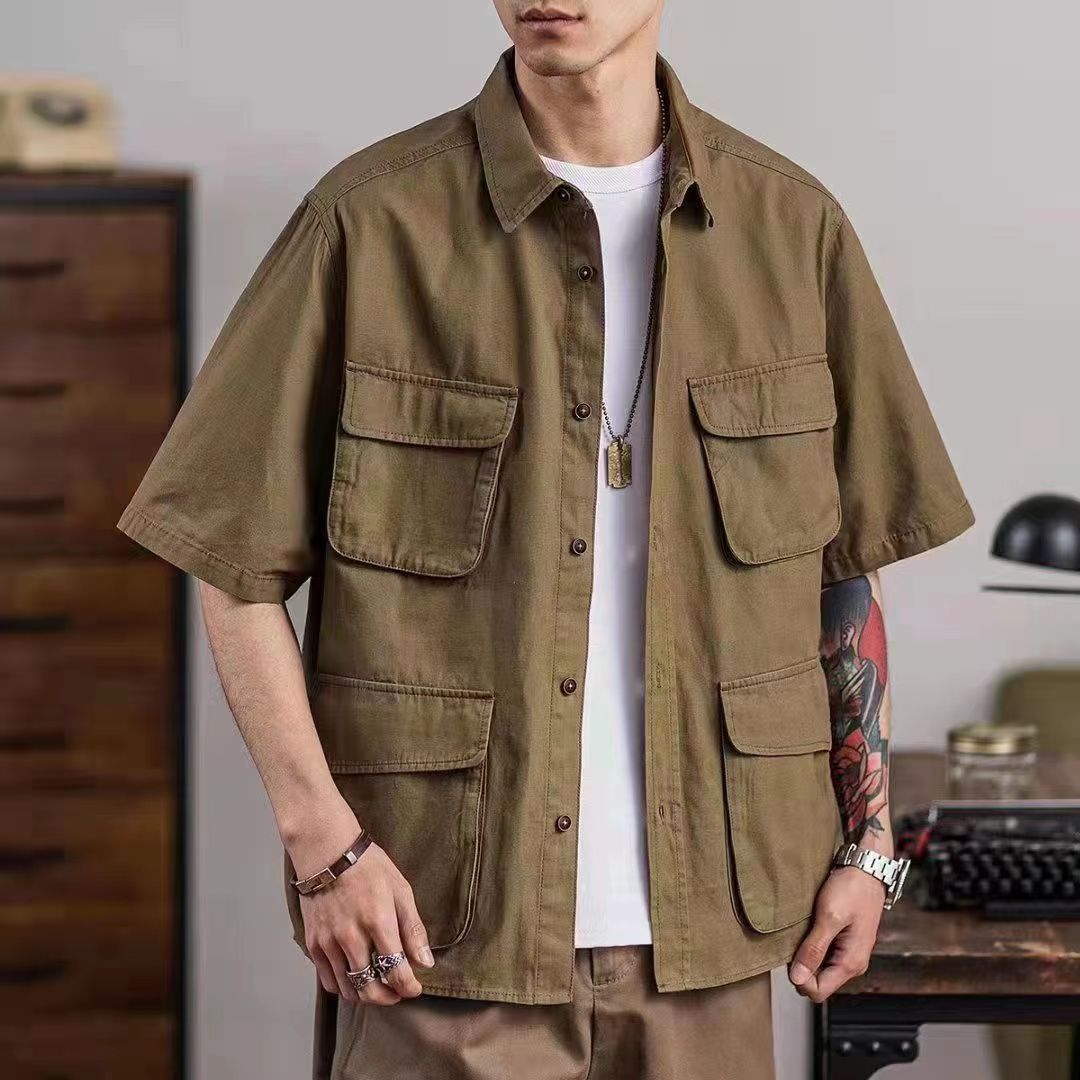Loading work clothes American retro M42 paratrooper field short-sleeved shirt multi-pocket summer shirt trendy Ami khaki