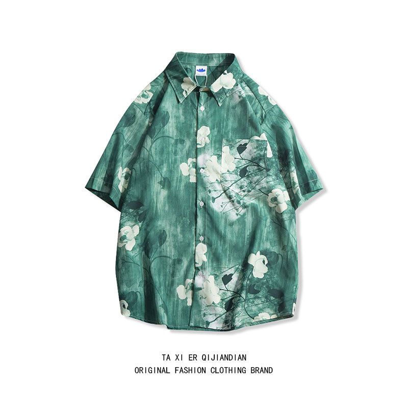  new niche design sense chain love printed shirt short-sleeved men's and women's summer loose Hawaiian shirt