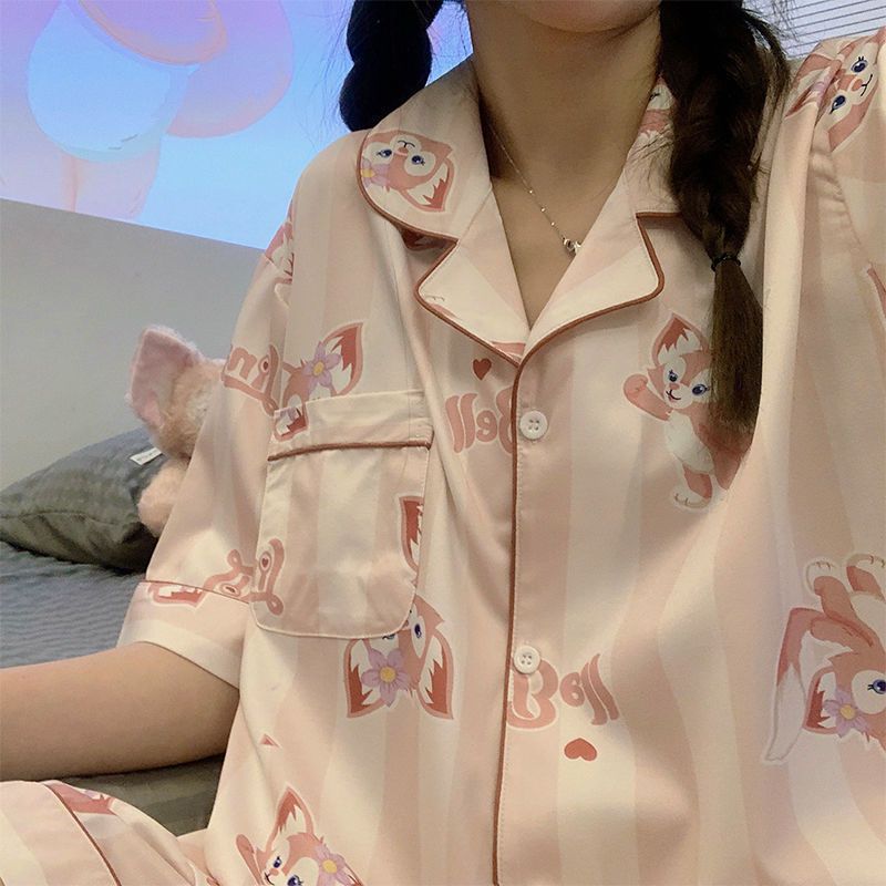 Japanese ins wind pajamas female summer ice silk student cartoon cute short-sleeved thin section high-end home service outerwear