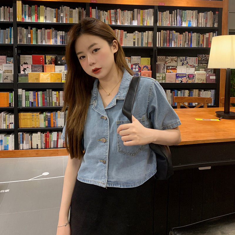 French short-sleeved denim jacket shirt women's summer new large size fat mm design sense short top loose shirt