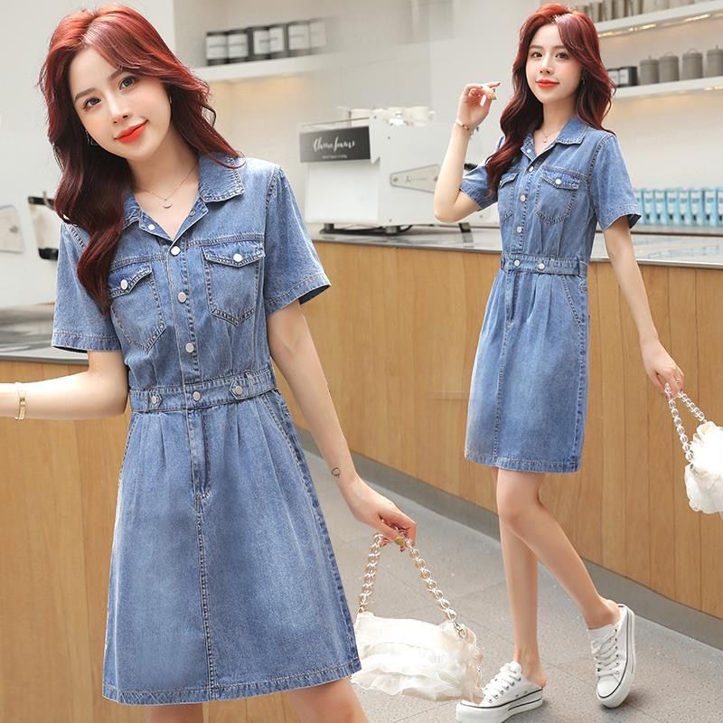 Denim dress women's summer 2022 new small short-sleeved foreign style age-reducing temperament slim waist and thin a-line skirt