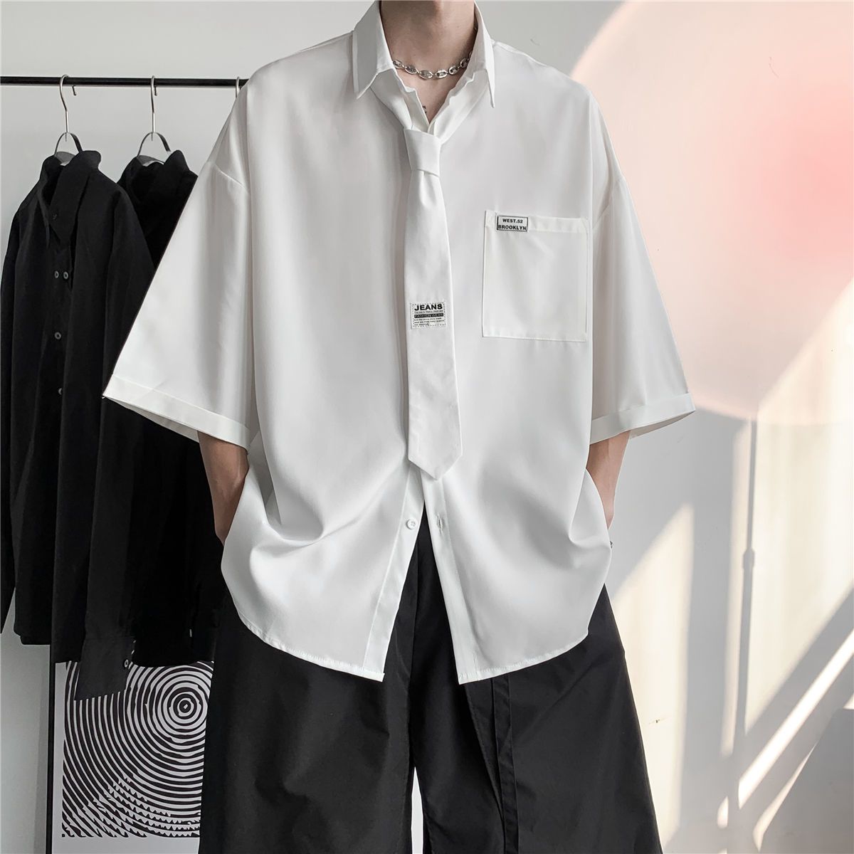 DK college style short-sleeved shirt men's summer design high-end niche shirt chic Hong Kong flavor top loose couple
