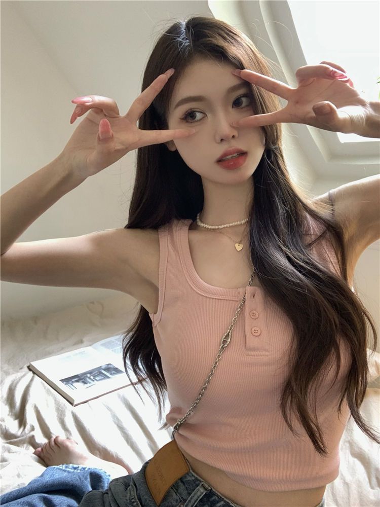 Pink Hot Girl Camisole for Women with Bottoming and Beautiful Back Summer Sweet and Spicy Style Outerwear Short U-neck Racer Top