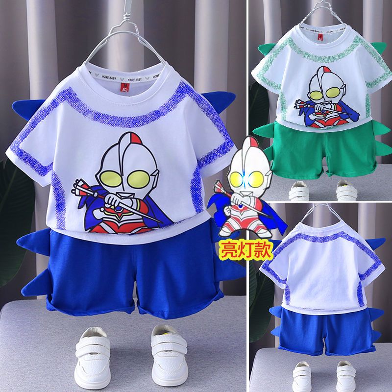 奧特曼衣服男童短袖套裝兒童男孩2022新款洋氣寶寶夏季薄款夏裝潮