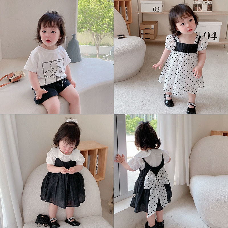 Mori girls' summer refreshing series 0-5 years old baby strap dress foreign style short-sleeved T-shirt polka dot shorts