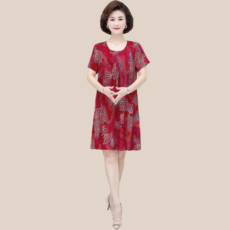 Cotton silk dress women  summer new loose large size casual all-match short-sleeved middle-aged and elderly mother dress skirt