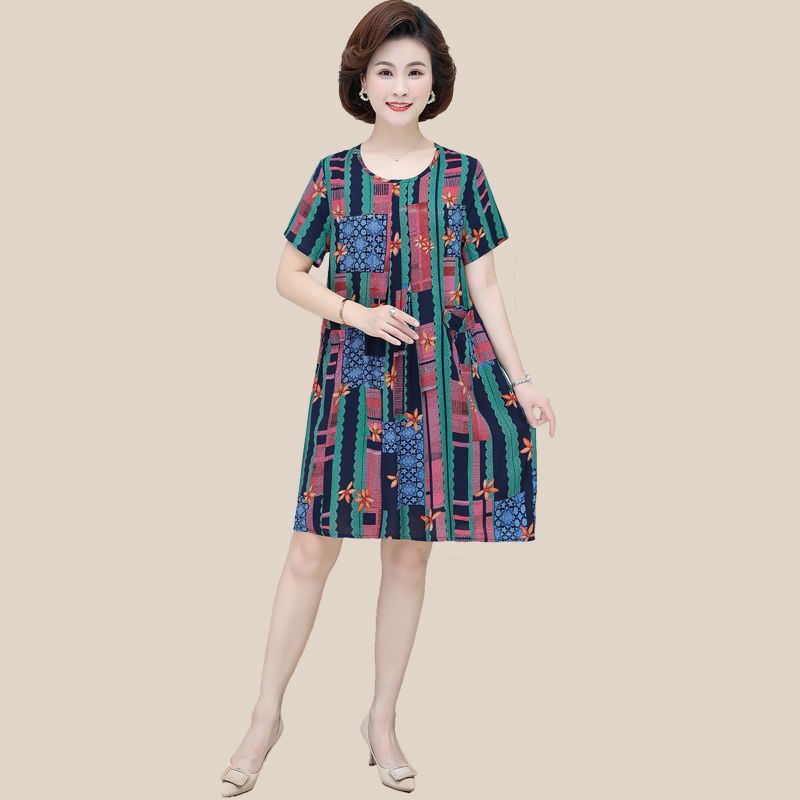 Cotton silk dress women  summer new loose large size casual all-match short-sleeved middle-aged and elderly mother dress skirt