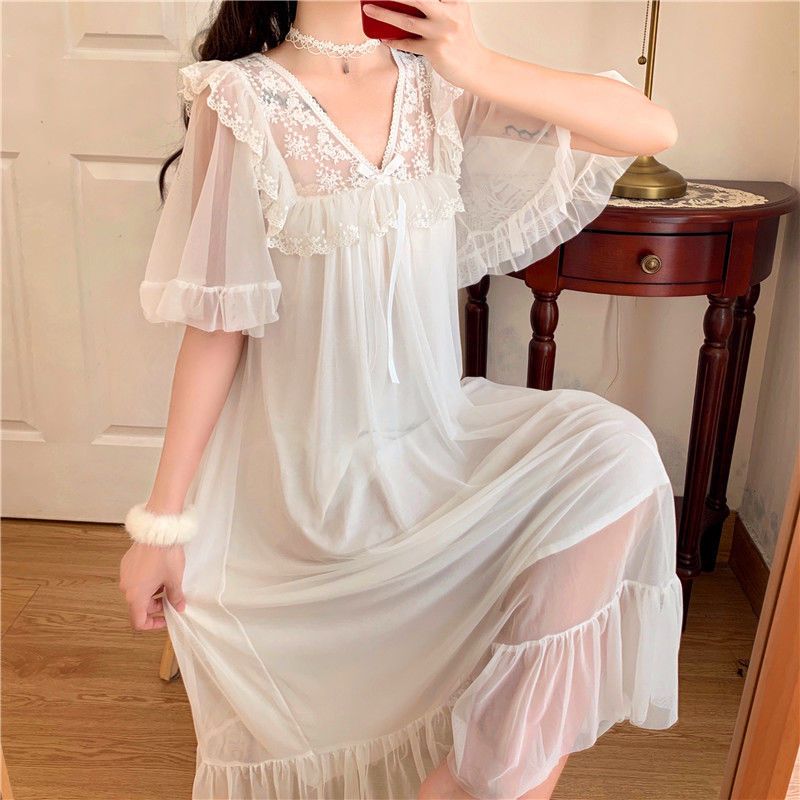 Summer nightdress women's sweet nude pajamas summer new thin section lace ruffle sleeves can be worn outside home clothes