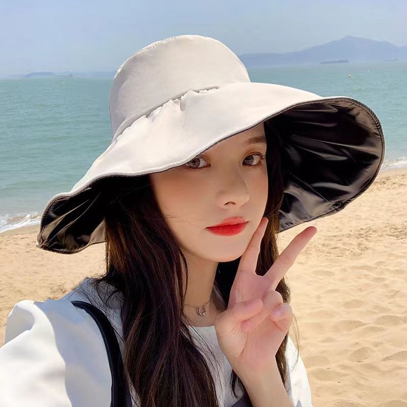 日本黑胶空顶防晒帽子女夏季大檐遮脸防紫外线遮阳帽可折叠渔夫帽
