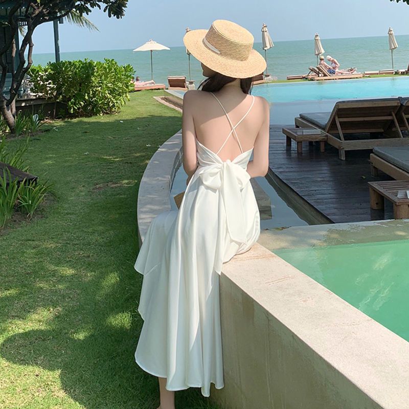 Travel seaside Bali Sanya beach skirt sexy backless summer vacation dress satin sling dress female