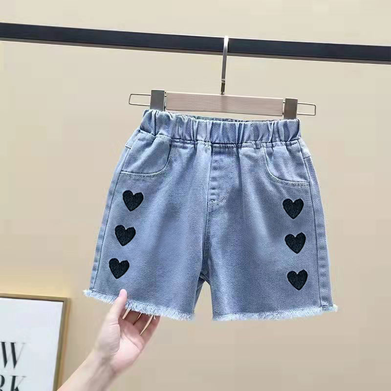 Girls' denim shorts 2022 new Korean version middle and large children's girls' high waist thin shorts children's holes pop