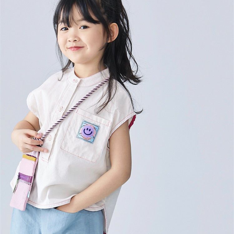 OLA MIMI customized children's 2022 summer soft and breathable smiley face color contrast wrap edge stand collar shoulder sleeve shirt