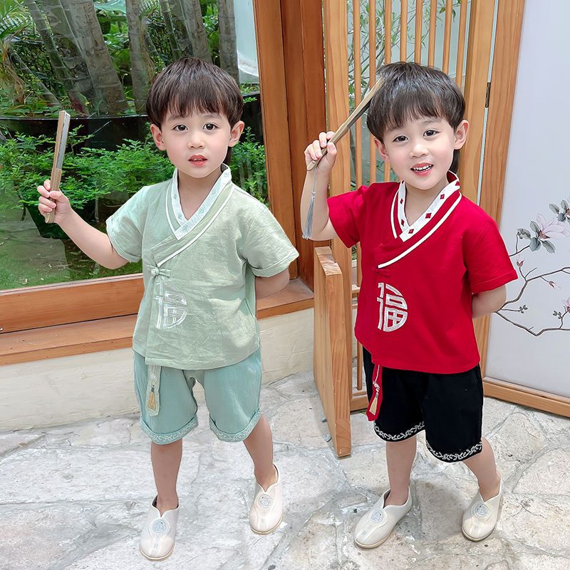 男童汉服夏装改良短袖红色中国风古装儿童唐装两件套周岁宝宝礼服
