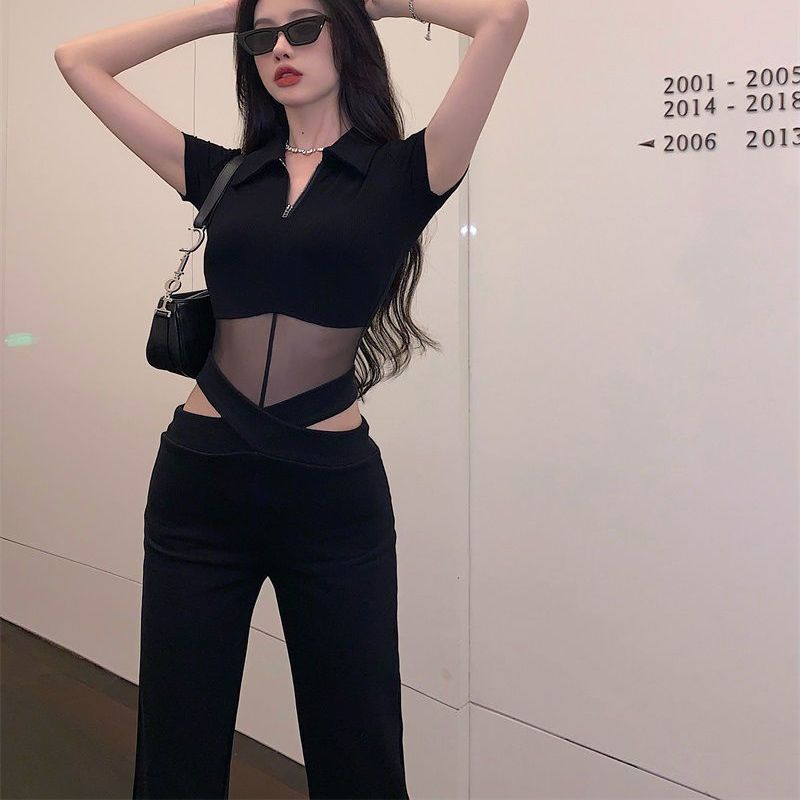 French hot girl mesh short-sleeved T-shirt women's 2022 summer new sexy square collar slim design niche top