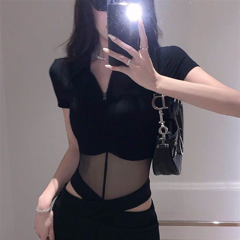 French hot girl mesh short-sleeved T-shirt women's 2022 summer new sexy square collar slim design niche top