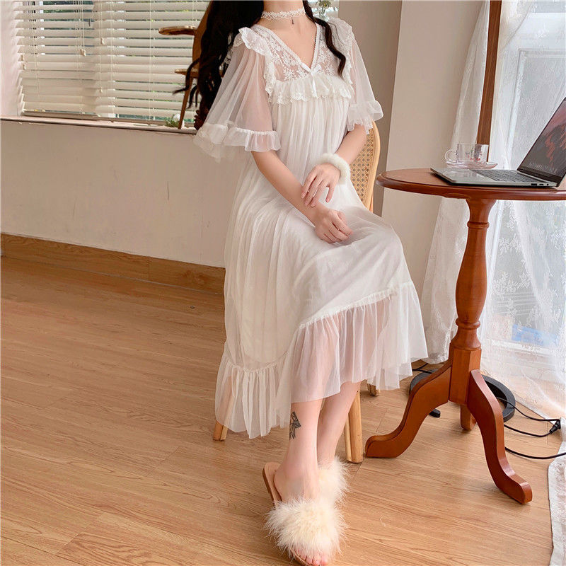 Summer nightdress women's sweet nude pajamas summer new thin section lace ruffle sleeves can be worn outside home clothes