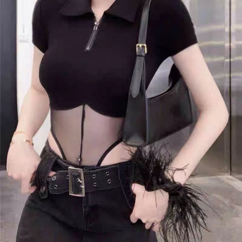  new design sense mesh splicing niche one-piece zipper hot girl pure desire sleeveless top short-sleeved T-shirt female