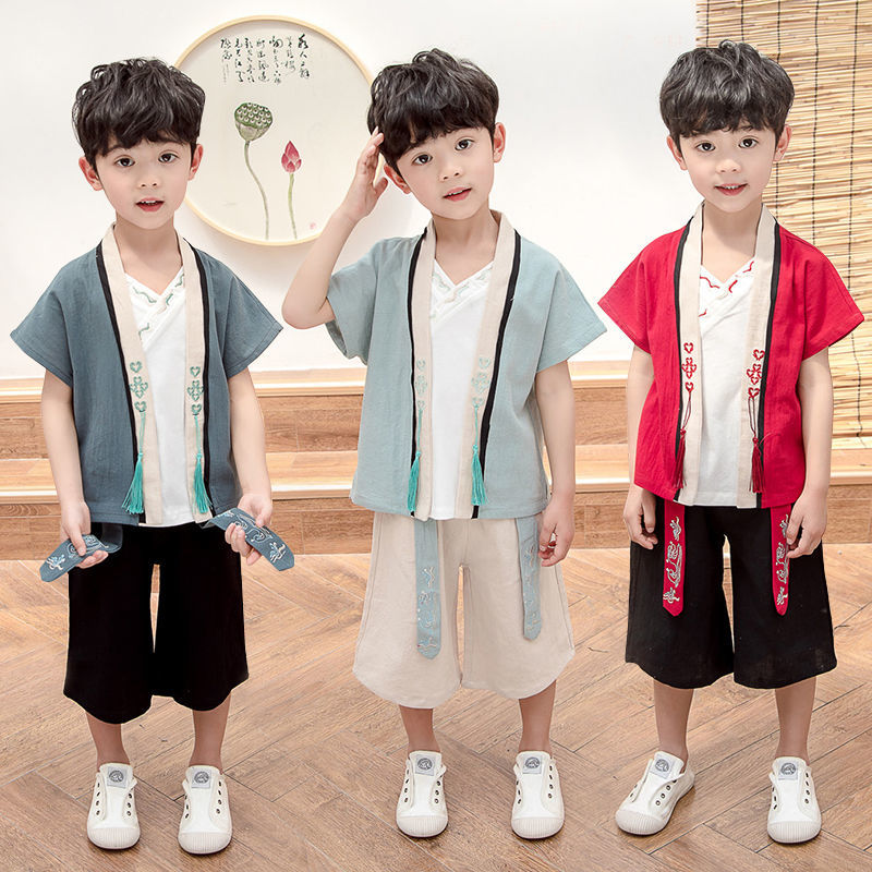 汉服男童夏季薄款套装中国风古装宝宝儿童中式男孩棉麻唐装两件套