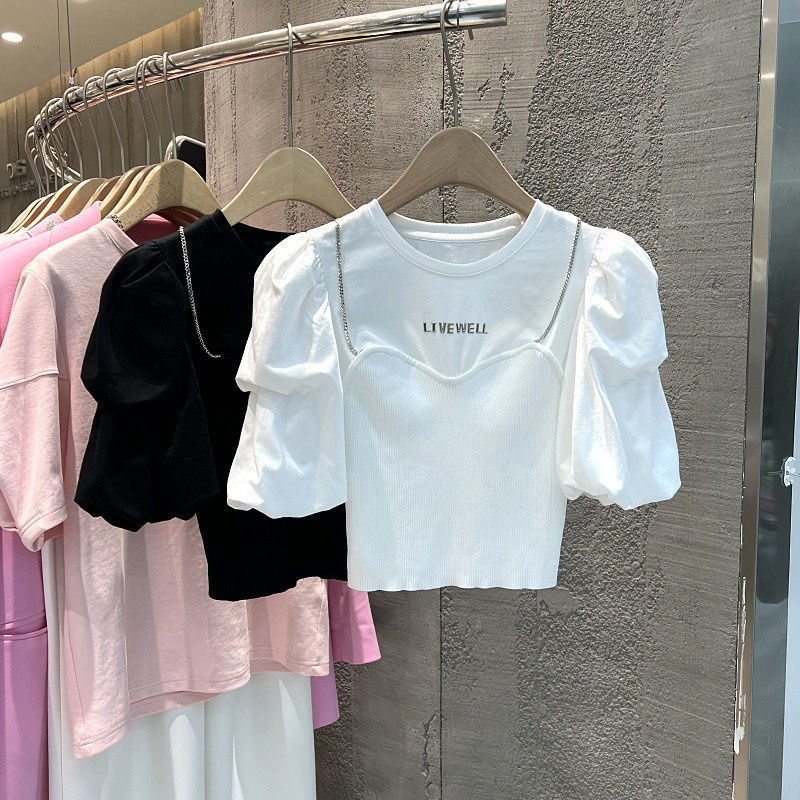 Thirteen Lines Women's Clothes 2022 Summer New Korean Edition Niche Design Round Neck Puff Sleeves Chain Fake Two Pieces Short-sleeved T-Shirts