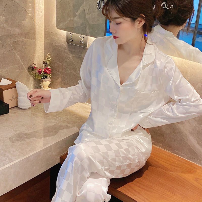 高檔冰絲睡衣女春秋季長袖薄款甜美夏季女士真絲綢寬鬆家居服套裝