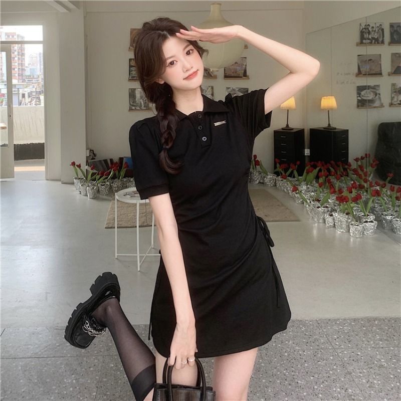甜辣裙子粉色T恤裙女POLO領泡泡袖連衣裙夏季抽繩收腰顯瘦a字短裙